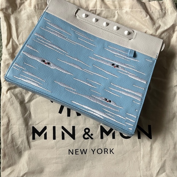 Min & Mon Vali Crossbody Small Splish Splash Blue Leather Bag - Clouds Purse NEW - Picture 1 of 8